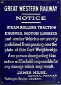Great Western Railway (fully titled) enamel SIGN 'Notice - Steam Rollers, Traction Engines, Motor