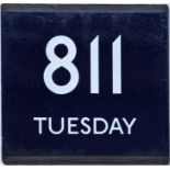 London Transport bus stop enamel E-PLATE for route 811 Tuesday with blue background to indicate an