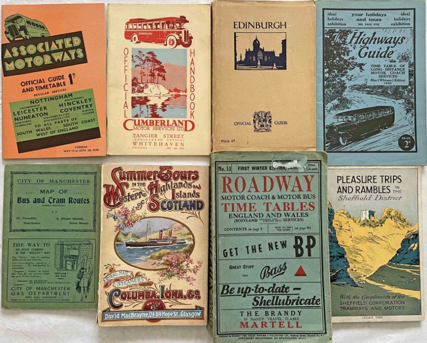 Selection (8) of 1920s/30s bus & coach etc GUIDES & MAP (1) comprising 1936 Associated Motorways,