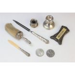 A selection of silver deskware and accessories, to include; a silver handled letter opener by