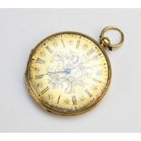An open face pocket watch, 19th century, the gilt dial with decorative floral detail and Roman