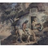 English school (19th century), Watercolour on paper, Couple at a cottage gate as mounted traveller