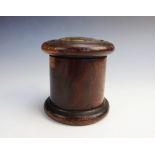 A lignum vitae string box, of bobbin form with threaded cover, 13cm high (at fault)