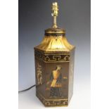 A 19th century style chinoiserie decorated toleware lamp base, of hexagonal form with Chinese