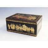 A Canton black lacquered tea caddy, mid 19th century, the hinged cover decorated with a landscape