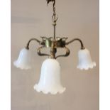 An Arts & Crafts style three branch brass chandelier, in the manner of W A S Benson, 40cm high,