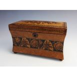 A Tunbridge ware tea caddy, 19th century, of waisted rectangular form, the hinged cover with central