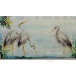 Limited edition print on paper, Three cranes fishing in a river, hand tinted with white