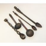 Three East African Kamba Kenya spoons (one with Askari soldier) and two South African Zulu painted