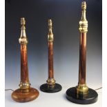 A matched set of three copper and brass fire hose nozzles, late 19th, early 20th century, later