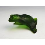 A Lalique France green glass frog, naturalistically modelled, engraved signature to base, 6.5cm long