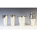 A selection of silver plated items to include; an EPNS coopered form ice bucket with swing handle,