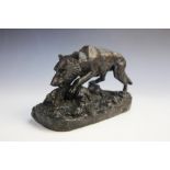 A patinated bronze wolf, naturalistically modelled standing over a prone hare, signed 'Barie',
