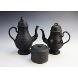 A black basalt coffee pot and cover, early 19th century, the body with incised ozier decoration, the