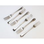 Six silver Old English pattern forks, to include four bearing the incuse duty mark for 1784, two