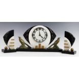 An Art Deco polished slate and white marble clock garniture, early 20th century, the clock with