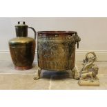 A copper and brass Heraldic log bucket, of riveted cylindrical form with lions mask ring handles,