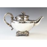 A Victorian silver teapot, John Tapley, London 1844, of compressed ovoid shape, raised on bracket