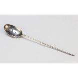 A silver mote spoon, 18th century, of typical form, with heart and trefoil pierced bowl, engraved