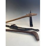 A large African club, an African axe, 66cm long and a Paiwan Taiwan sword in sheath, 63cm long (3)