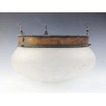 A pair of Arts and Crafts plafonniers, each frosted glass bowl shaped shade with oxidised brass