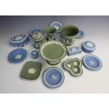 A selection of Wedgwood green Jasper cameo ware pieces, 20th century, comprising: a cache pot
