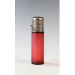 A Victorian ruby glass and silver mounted scent bottle, Birmingham 1892, (maker's mark worn), of