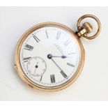 A 9ct gold open face pocket watch by Waltham, the white enamel circular dial with Roman numerals and