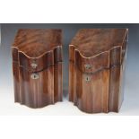 A pair of George III knife boxes, each mahogany and box wood strung box of serpentine form with