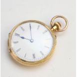 A Victorian 18ct gold open face fob watch, the round white enamel dial with Roman numerals, set to