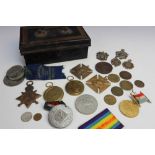 A collection of medals to a Japanned cash box to include two WW1 medals to 62539 Sgt R Riches R.A.