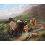 William Perring Hollyer (1834-1922), Landscape with highland cattle, Oil on canvas, Signed lower