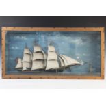 A diorama of a three masted galleon at shore within glazed display case, 40cm H x 79cm W x 10cm D