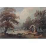 Attributed to Luke Clennell (1781-1840), Cottages and old monastery ruins amongst trees,