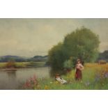 Benjamin D Sigmund (1857-1947), Two young girls in a riverside landscape, Watercolour on paper,