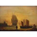 Circle of Thomas Luny (1759 - 1837), Fishing boats beside a jetty at sunset, Oil on panel, 25cm x