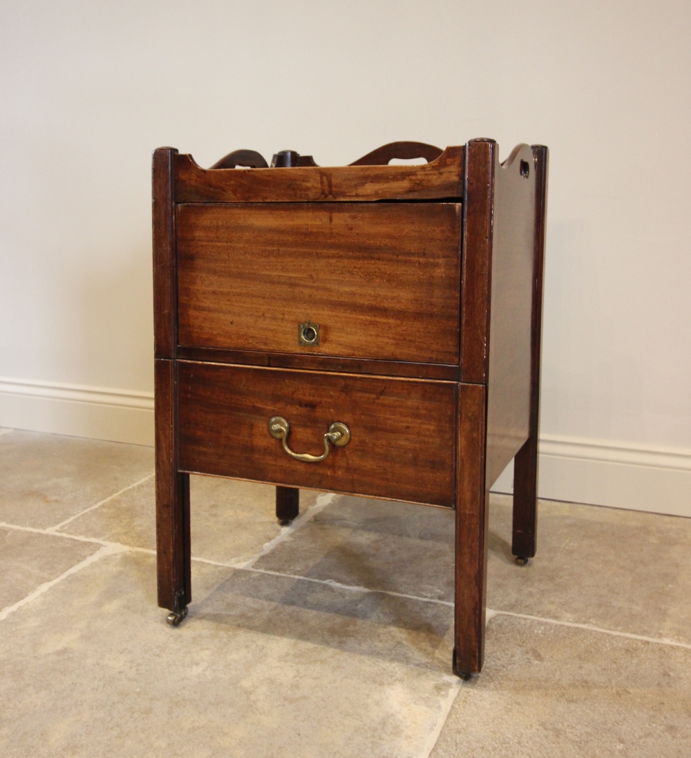 A George III mahogany commode, the gallery top above sliding compartment, 77cm H x 54cm W x 47cm D