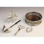 A novelty silver and glass salt in the form of a sailing boat, import marks for Israel Freeman & Son