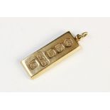 A 9ct ingot pendant, marks for Carr's of Sheffield Ltd, Sheffield 1977, 41mm x 15mm, weight 31.2gms