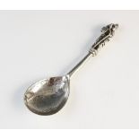 A continental silver spoon, the fig shaped bowl engraved with Mary and Jesus and inscribed 'Ave