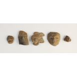 Five Ancient Pre Columbian Mexican terracotta votive heads, widest 4.5cm (5)