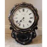 A Victorian papier mache drop dial fusee wall clock, the 30cm painted white dial indistinctly signed