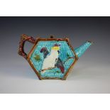 A Fielding majolica 'Parrot and Cockatoo' teapot and cover, late 19th century, of hexagonal form,