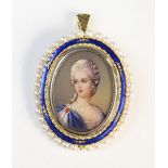 An 18ct gold pearl and enamel picture pendant/brooch, the central glazed compartment set with a