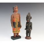 A Southern African Madagascar tribal art painted female figure with head beads, 28cm high, and a