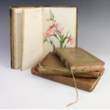 English school, 19th century, A collection of flower studies in a bound leather book with marbled