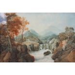 Manner of John Varley (1778-1842), Extensive landscape depicting a waterfalls, cattle grazing, a