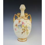 A Royal Worcester blush ivory twin handled vase, shape number 1200, late 19th century, decorated