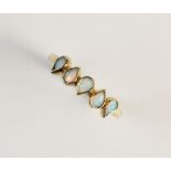 An opal five stone 9ct gold ring, comprising five untested teardrop shaped opals, each bezel set