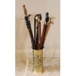 A collection of eighteen walking sticks, 19th century and later, to include brass mounted examples